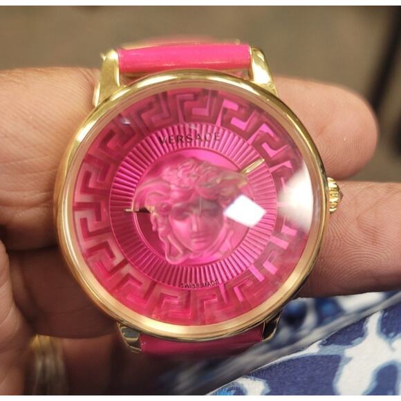 Versace Womens Watch 35mm Pink Dial Gold Tone Leather Swiss Medusa New Battery Versace Pink Wristwatches for sale | eBay main image 3